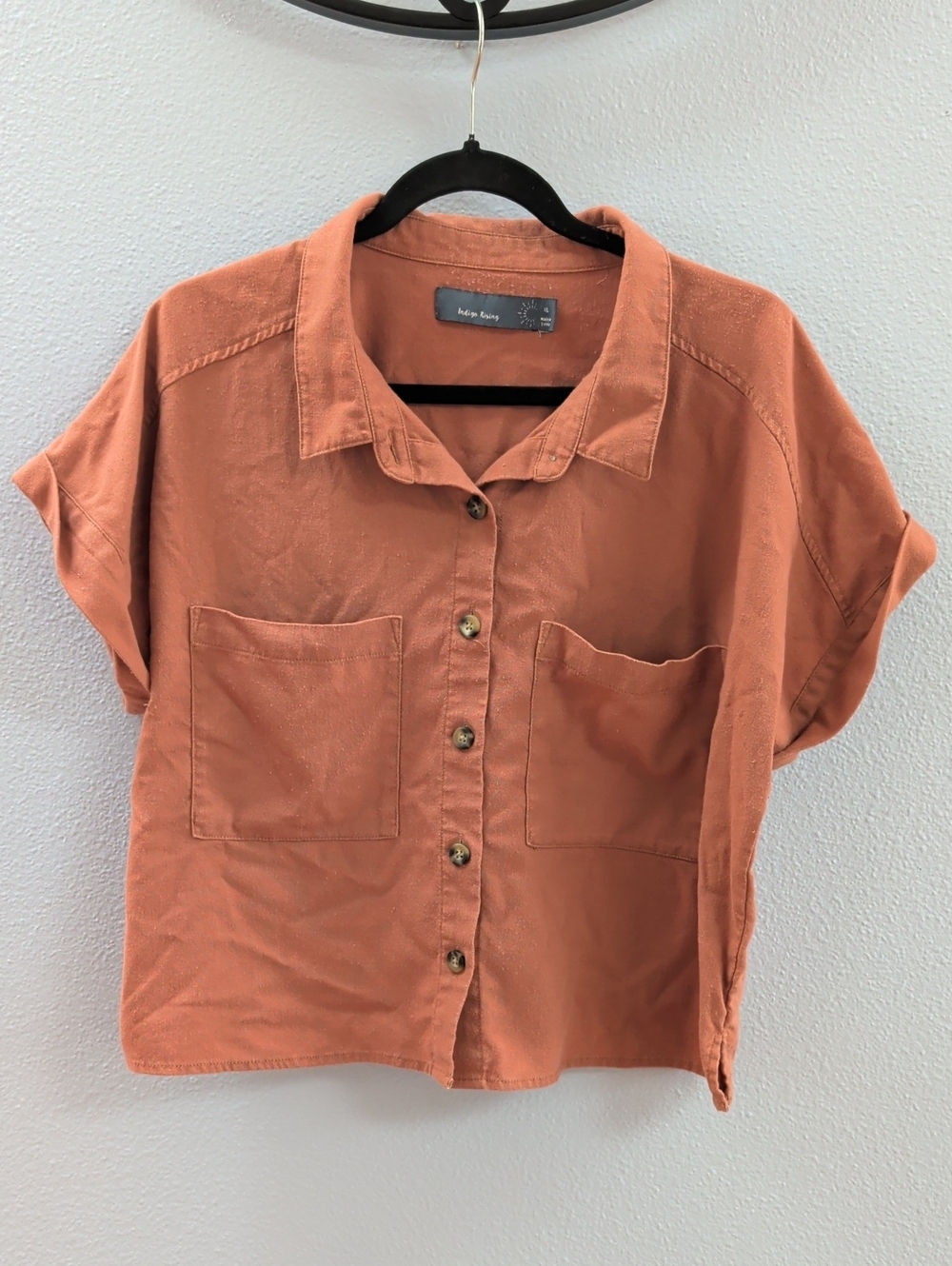 Indigo Rising Linen Blend Crop Boxy Button-Front Short Sleeve Top - Rust